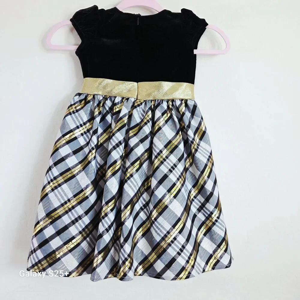 Biscotti Collezioni Girls Holiday Dress Size 5 Black Velvet Gold Plaid